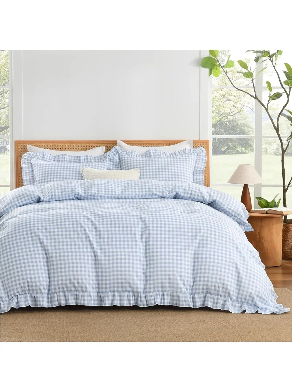 NEW Andency Blue Gingham 3-piece Duvet Cover King, Ruffle Shabby Chic